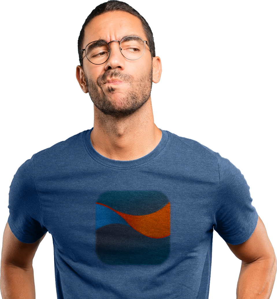 A man in a purple t-shirt and glasses who is confused about marketing.